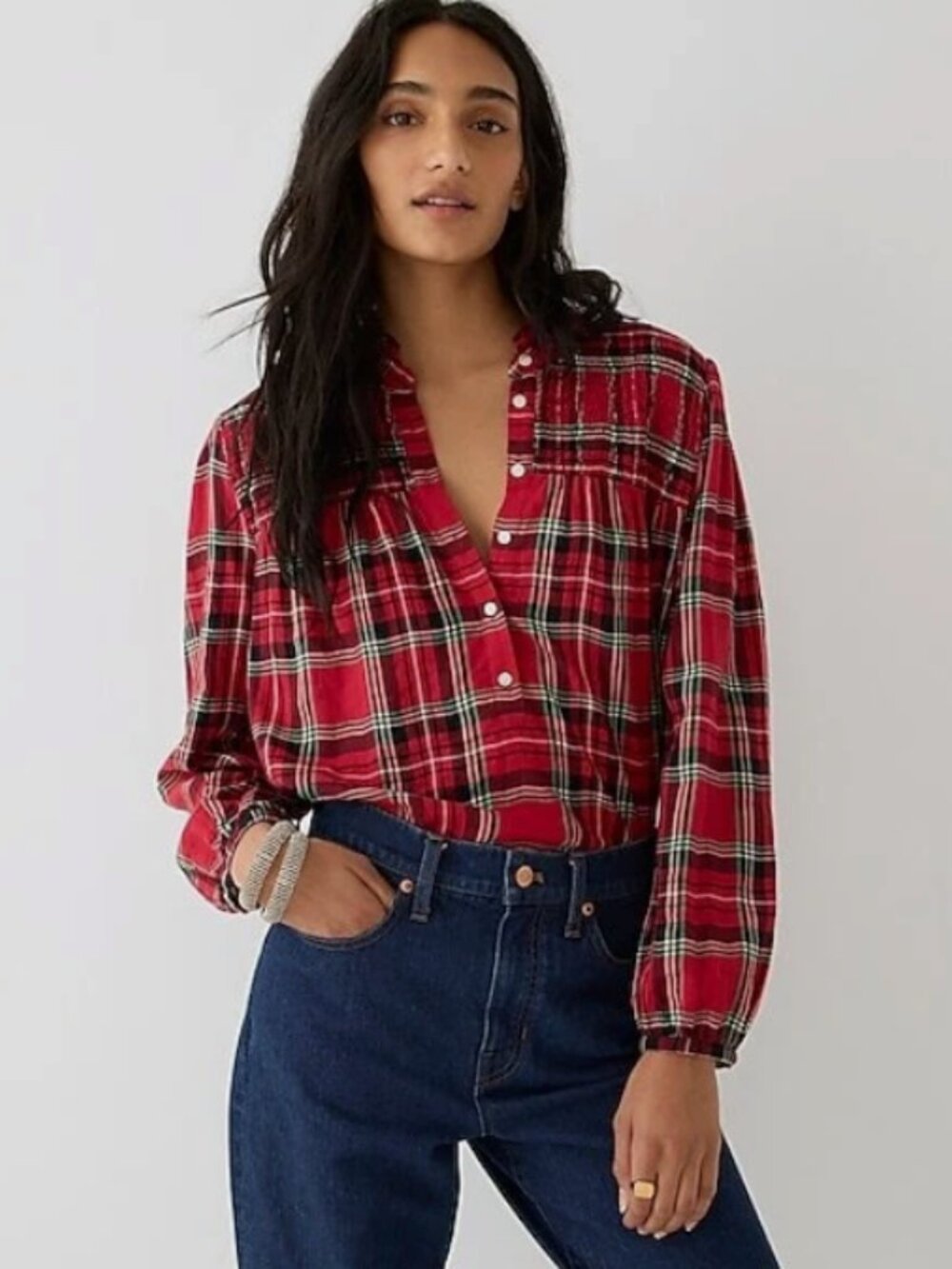 J. Crew Ruffleneck Cotton Flannel Popover Top in Red Tartan Plaid Festive Sz M